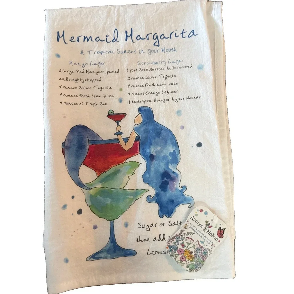 Averys Home Mermaid Margarita Recipe Tea Towel NWT